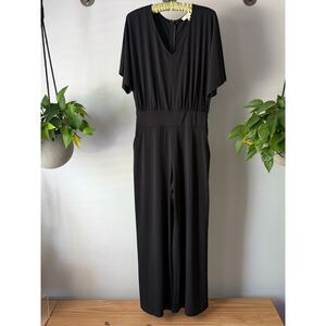H by Halston Black Jumpsuit Sz S/P Party Romper Career Casual Short Slv V Neck